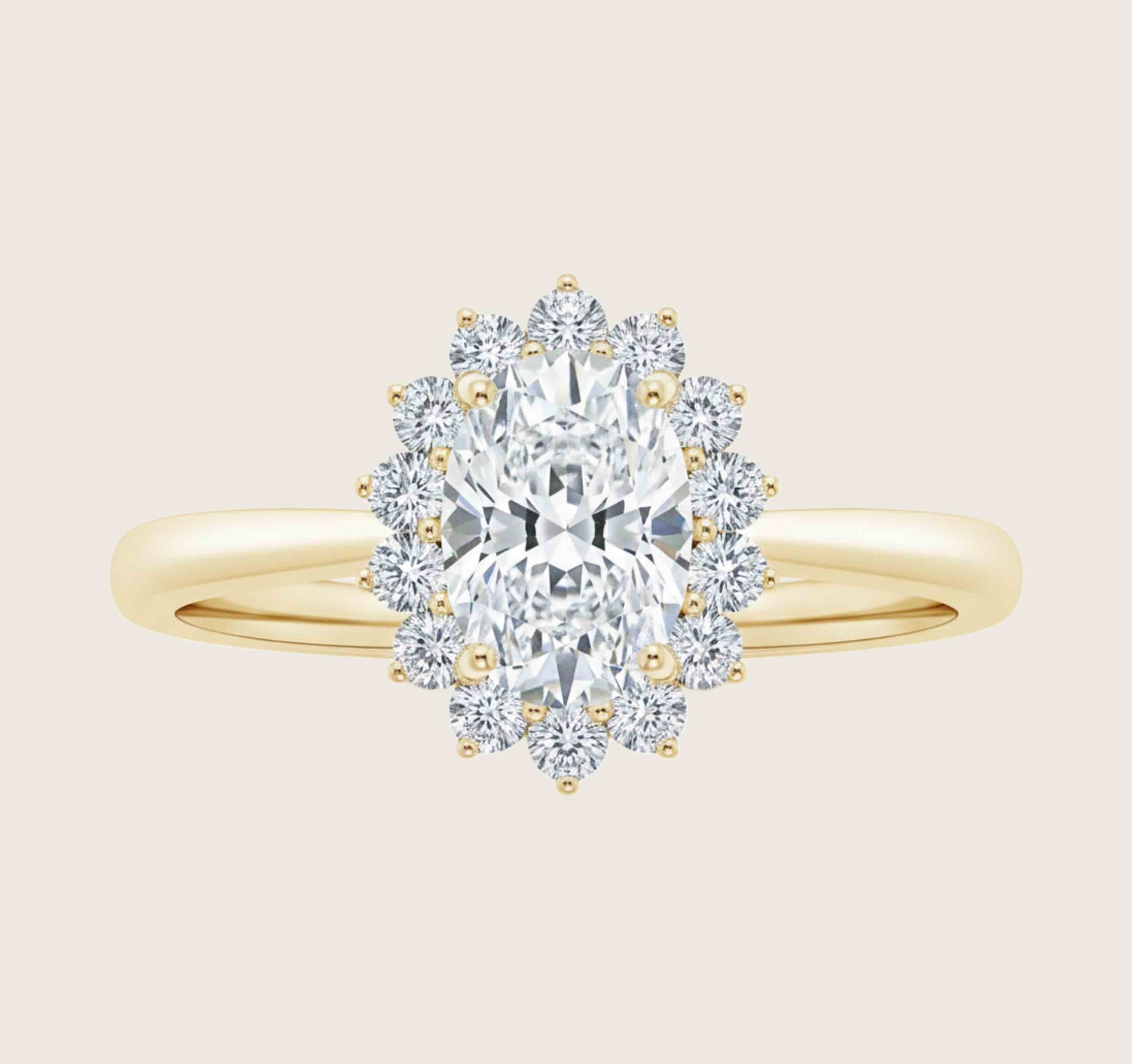 Oval Cut Halo 925 Sterling Silver Ring with 18K Gold Plating & Pavé Side Stones