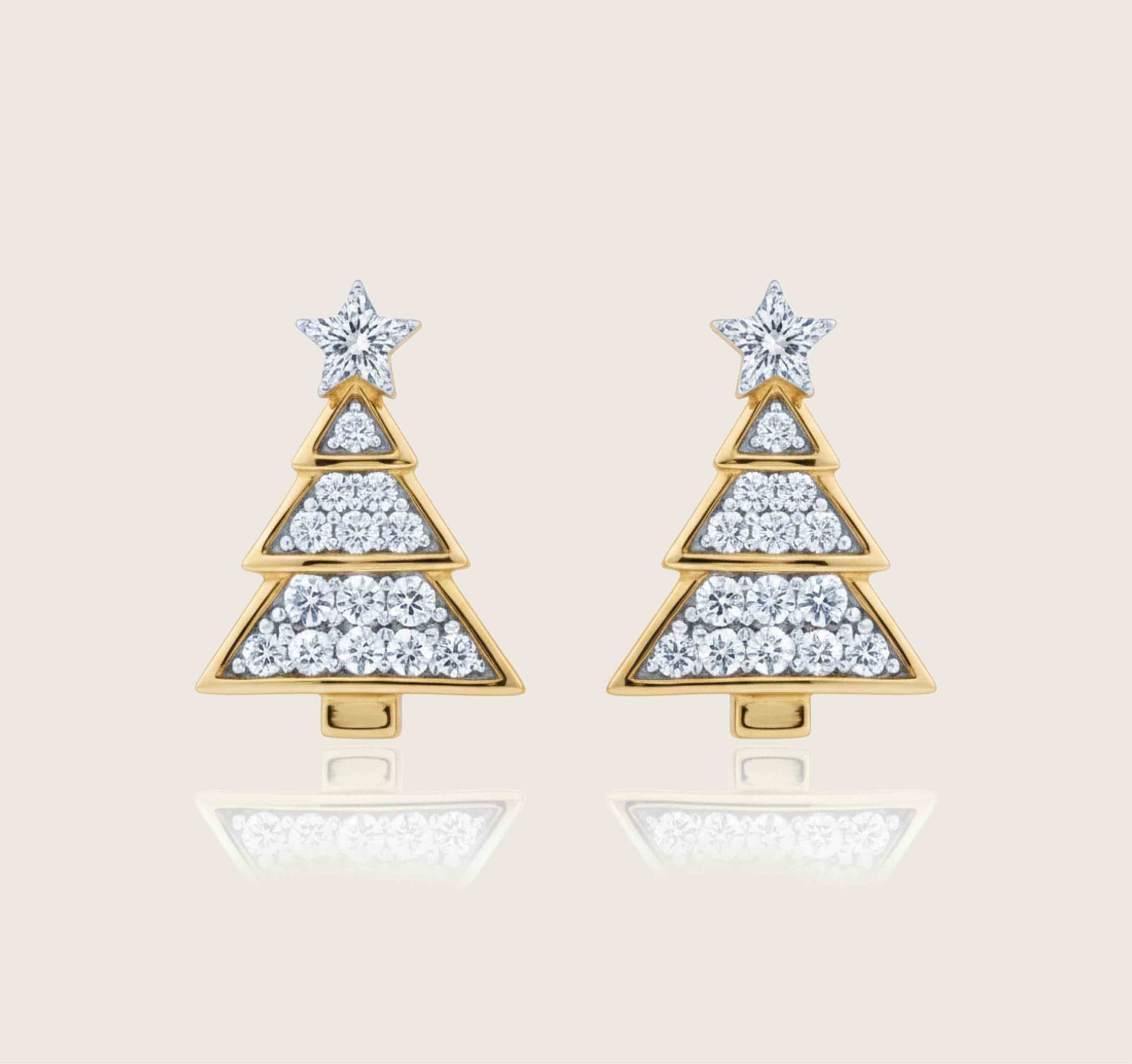 Christmas Tree Stud Earrings in 925 Silver with 18K Gold Plating | Star CZ Holiday Earrings