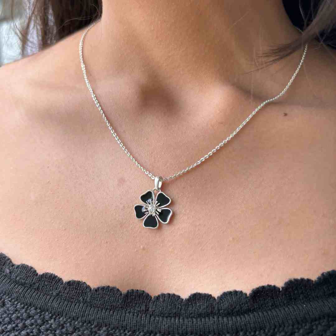 Floral Black Enamel Charm Pendant