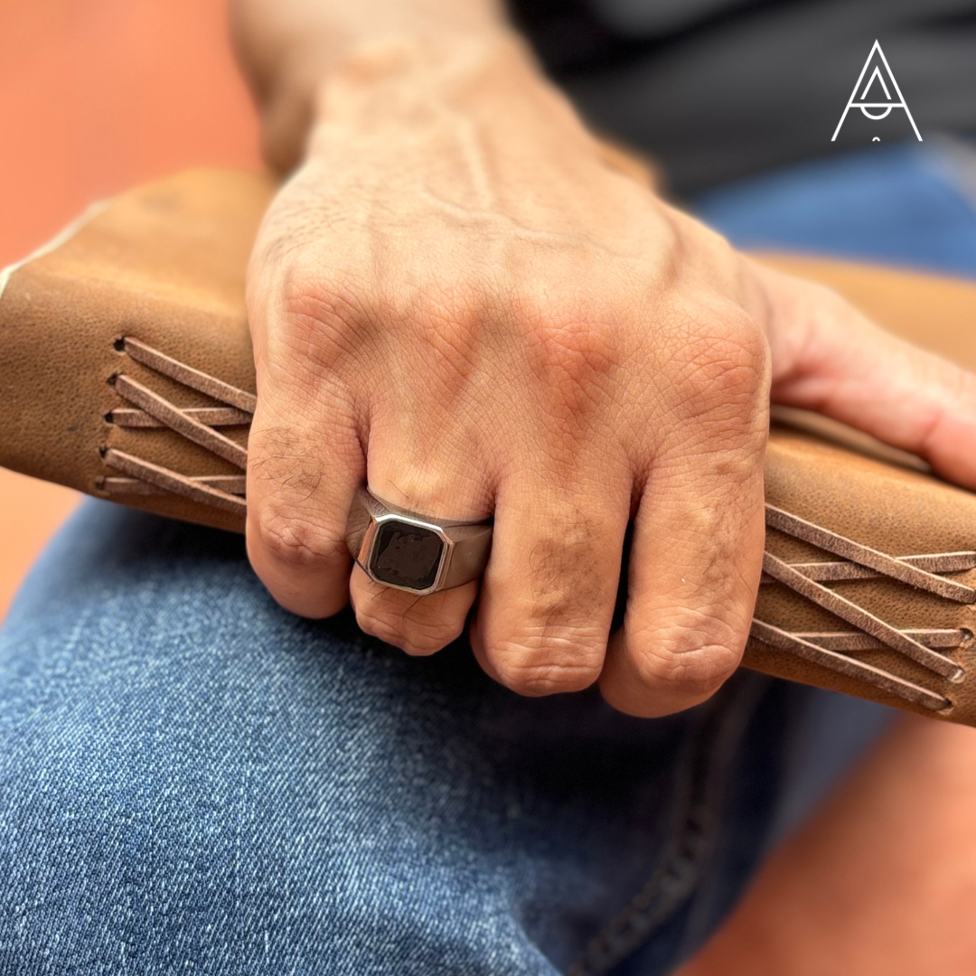 Solid Black Square Enamel Ring For Men