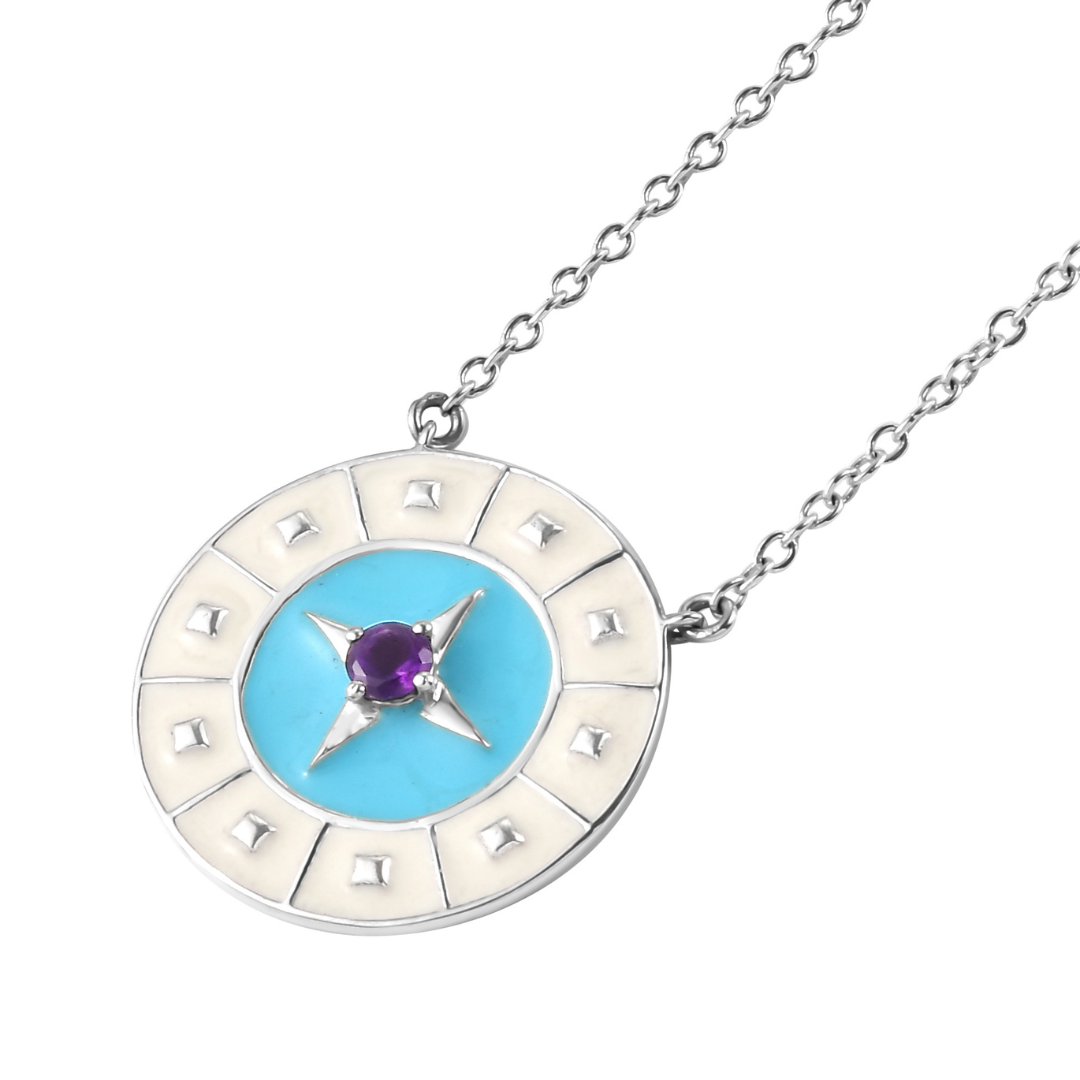 Amethyst Gemstone blue enamel chain necklace