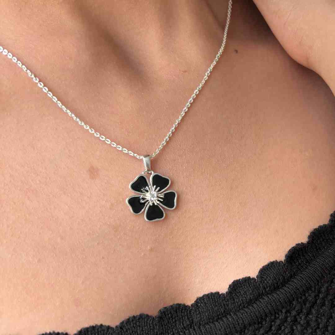 Floral Black Enamel Charm Pendant