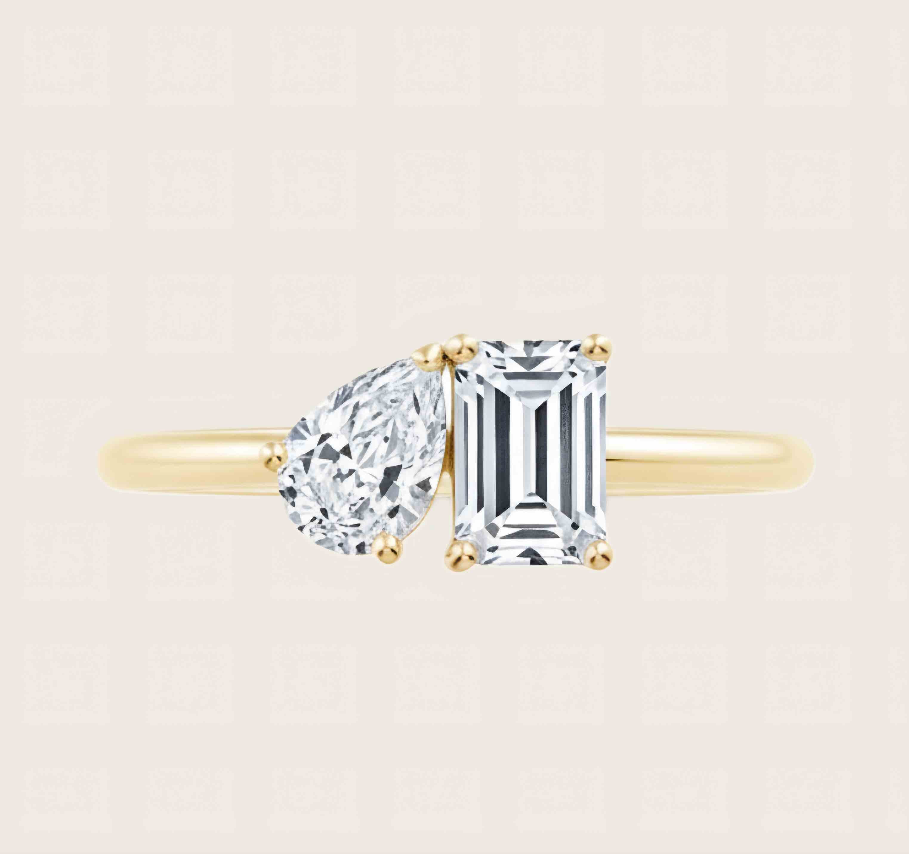 Pear & Emerald Cut Dual Stone 925 Sterling Silver Ring with 18K Gold Plating