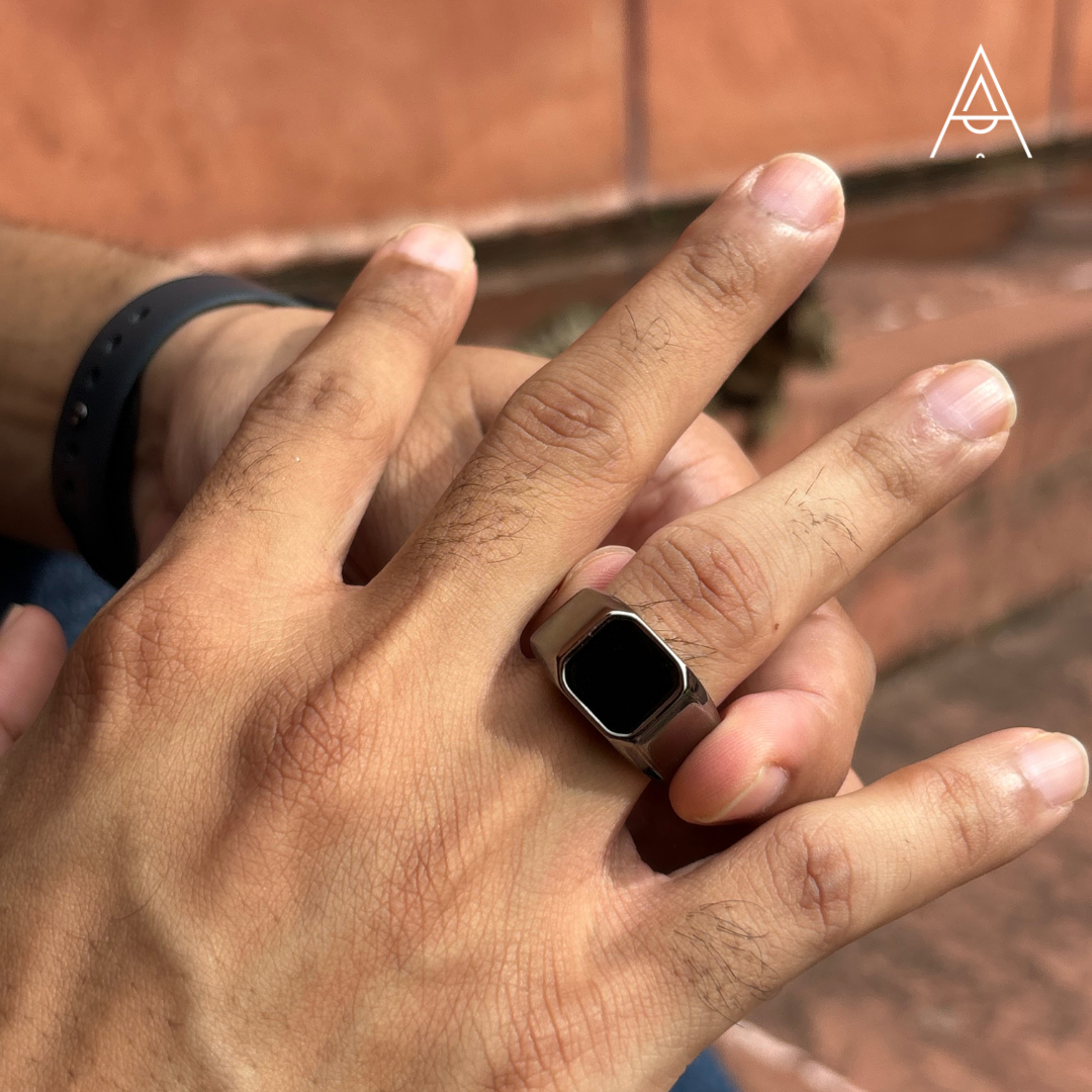 Solid Black Square Enamel Ring For Men